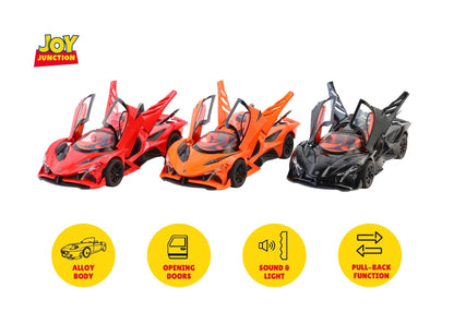 Apolloo EVO Metal Diecast Toy Car – 1:24 Scale Pull Back Model with Lights, Sound & Openable Doors