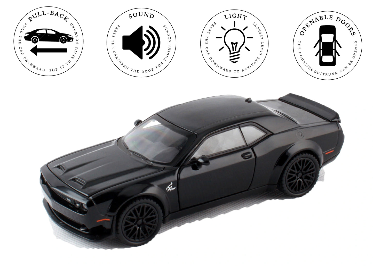 Dodgee Challengerr HellKat 1:32 Scale Diecast Pull Back Toy Car with Openable Doors, Lights & Engine Sound