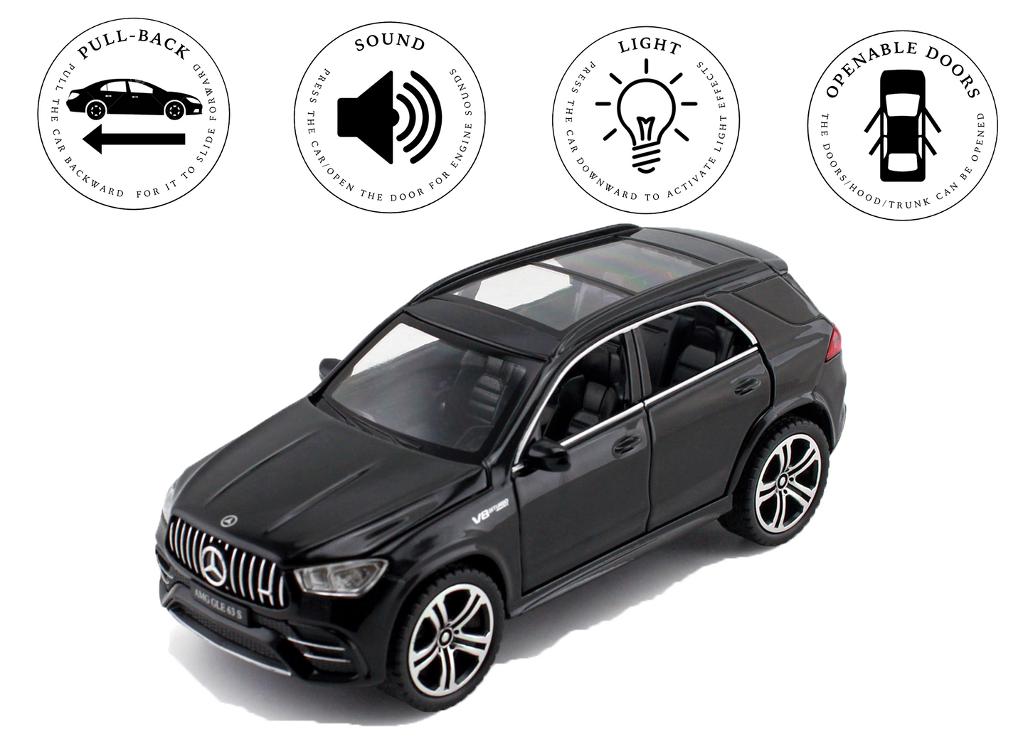 Mercadez Benz GLE G63 1:32 Scale Alloy Metal Pullback Toy car with Openable Doors Light Music