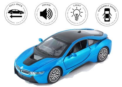 BMW I8 1:32 Scale Alloy Metal Pullback Toy car with Openable Doors Light Music