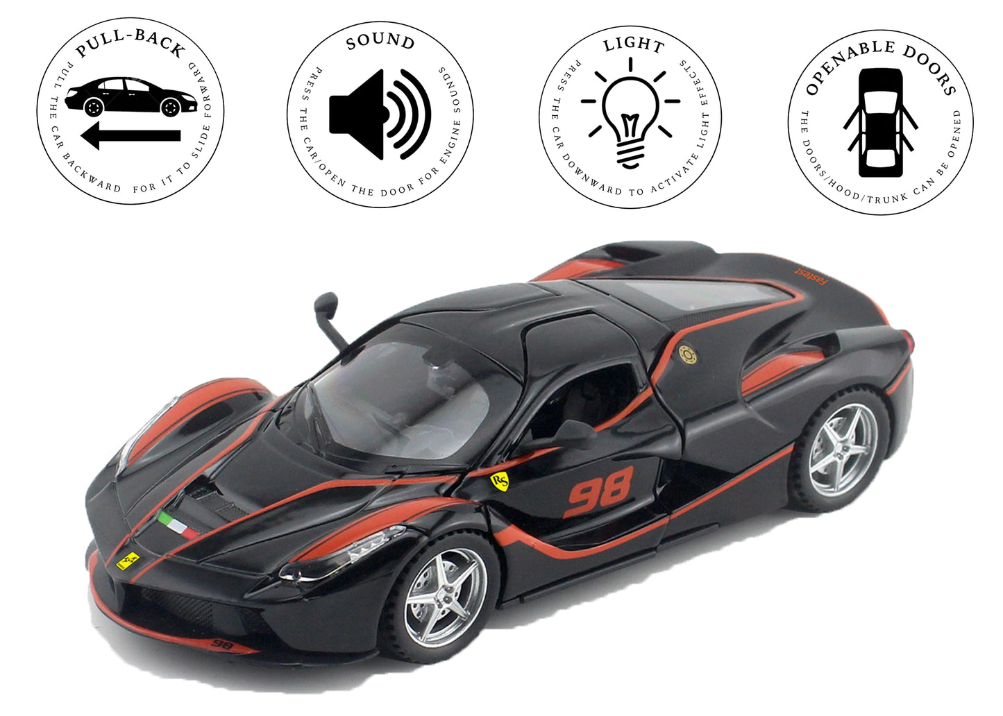 Ferari FXXXK 1:32 Scale Diecast Pull Back Toy Car with Openable Doors, Lights & Engine Sound