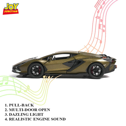 Lambo Sian FKP 37 Metal Toy Car – 1:32 Die-Cast Pull-Back Model with Lights, Sound & Openable Doors
