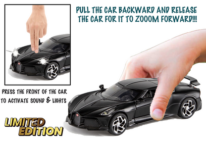 Bugatti Limited Edition 1:32 Scale Metal Pull Back Toy car with Openable Doors, Light & Engine Sound