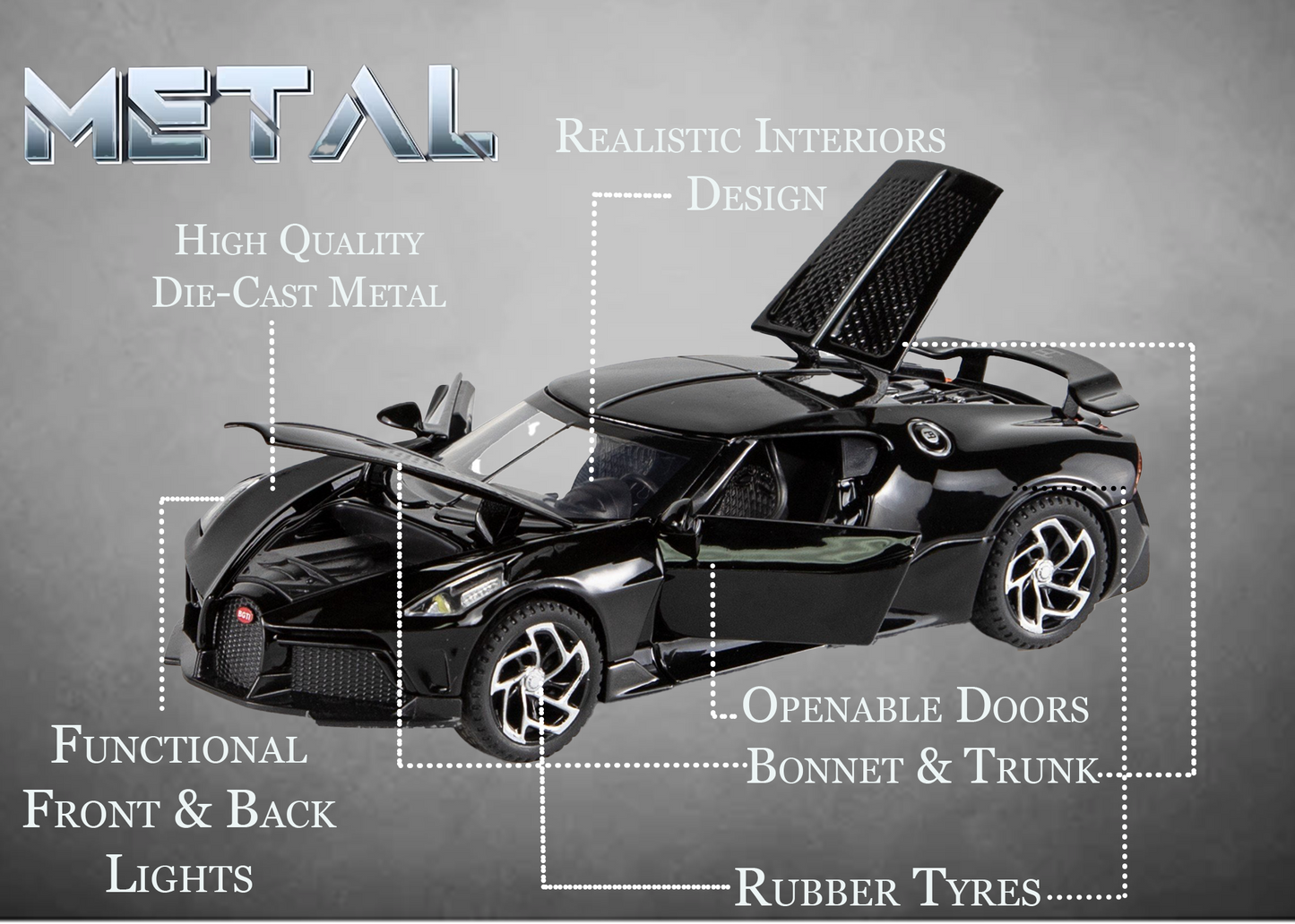 Bugatti Limited Edition 1:32 Scale Metal Pull Back Toy car with Openable Doors, Light & Engine Sound