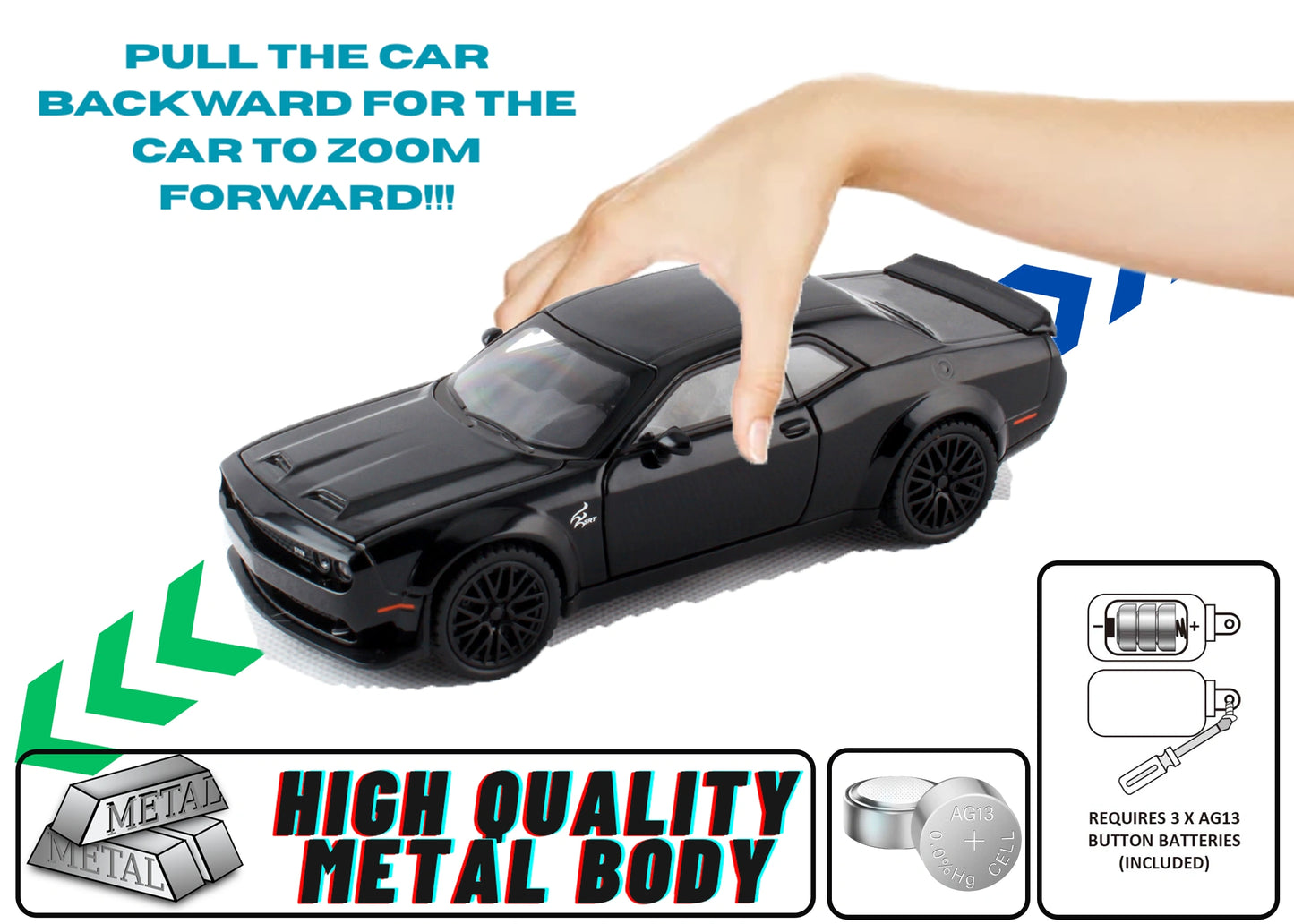 Dodgee Challengerr HellKat 1:32 Scale Diecast Pull Back Toy Car with Openable Doors, Lights & Engine Sound