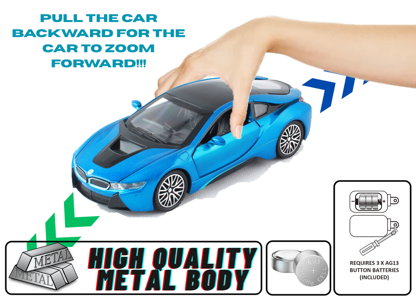 BMW I8 1:32 Scale Alloy Metal Pullback Toy car with Openable Doors Light Music