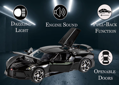 Bugatti Limited Edition 1:32 Scale Metal Pull Back Toy car with Openable Doors, Light & Engine Sound