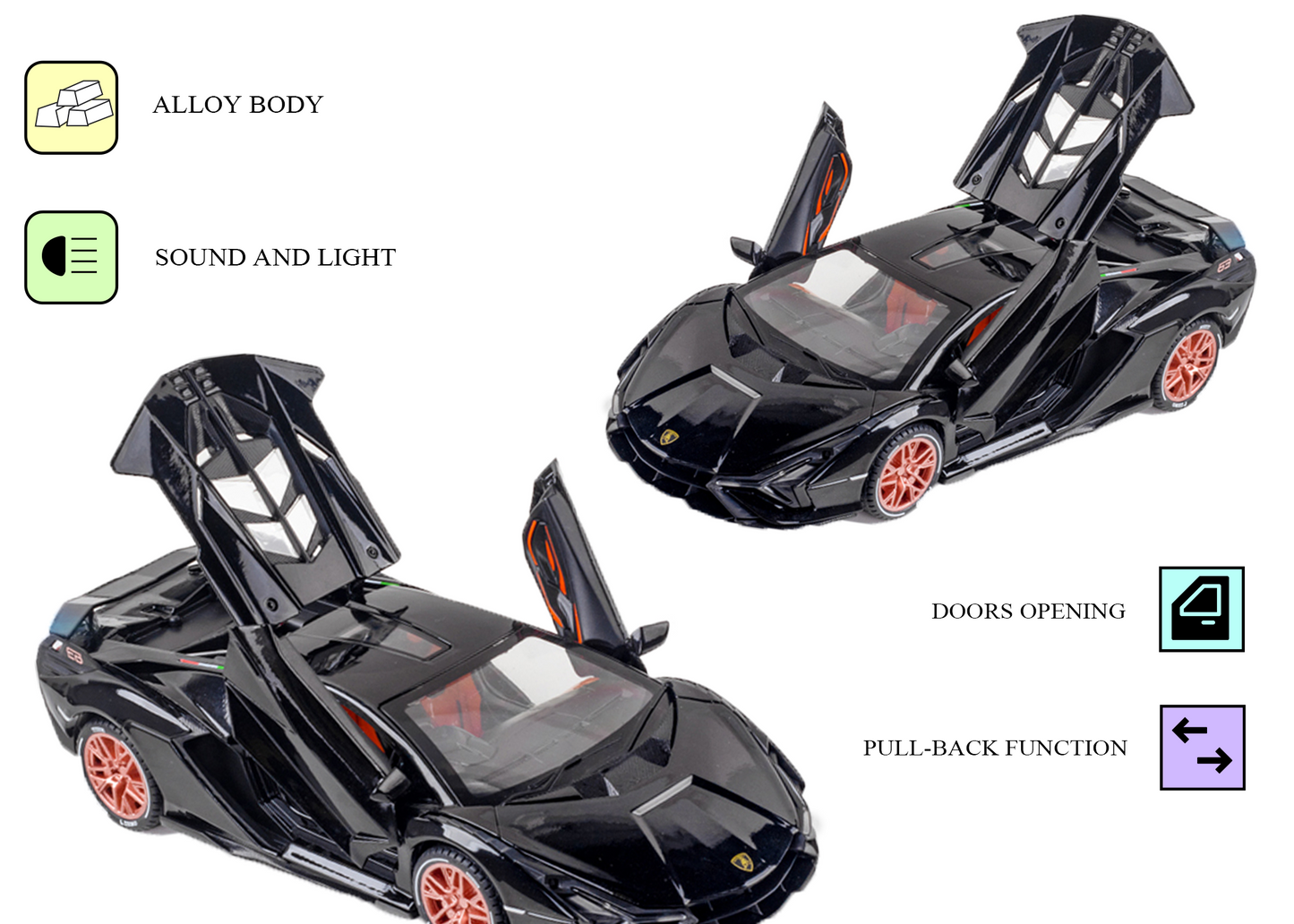 Lamborghini Lightning 1:24 Scale Alloy Metal Pull Back with Display Box, Openable Doors, Lisght, Sound & Water Spray