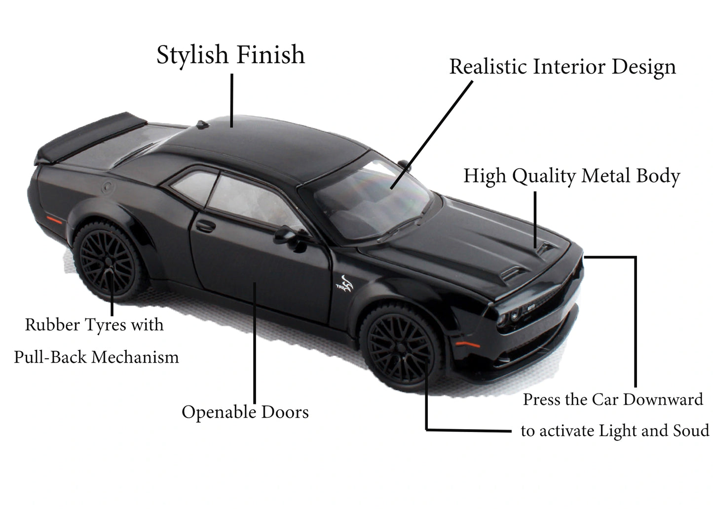 Dodgee Challengerr HellKat 1:32 Scale Diecast Pull Back Toy Car with Openable Doors, Lights & Engine Sound