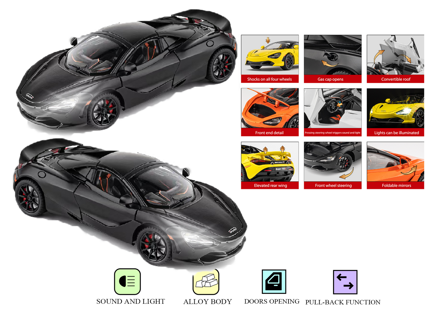 McLaren 720s Convertible Version 1:24 Scale Alloy Metal Pullback Toy car with Openable Doors Light Music