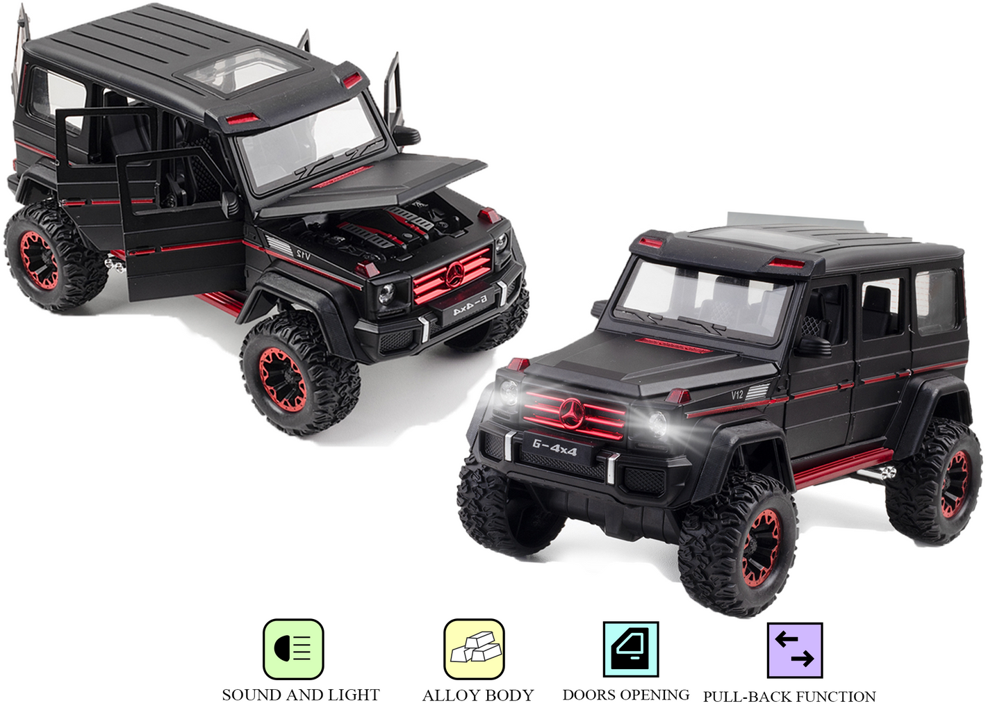 Mercedes-Benz G500 1:24 Scale Alloy Metal Pullback Toy car with Display Box, Openable Doors Light Music