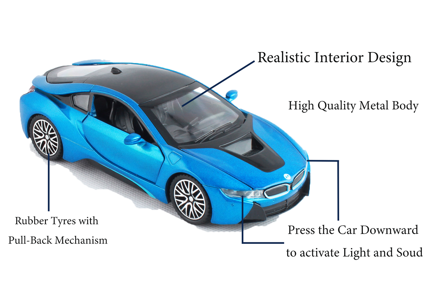 BMW I8 1:32 Scale Alloy Metal Pullback Toy car with Openable Doors Light Music