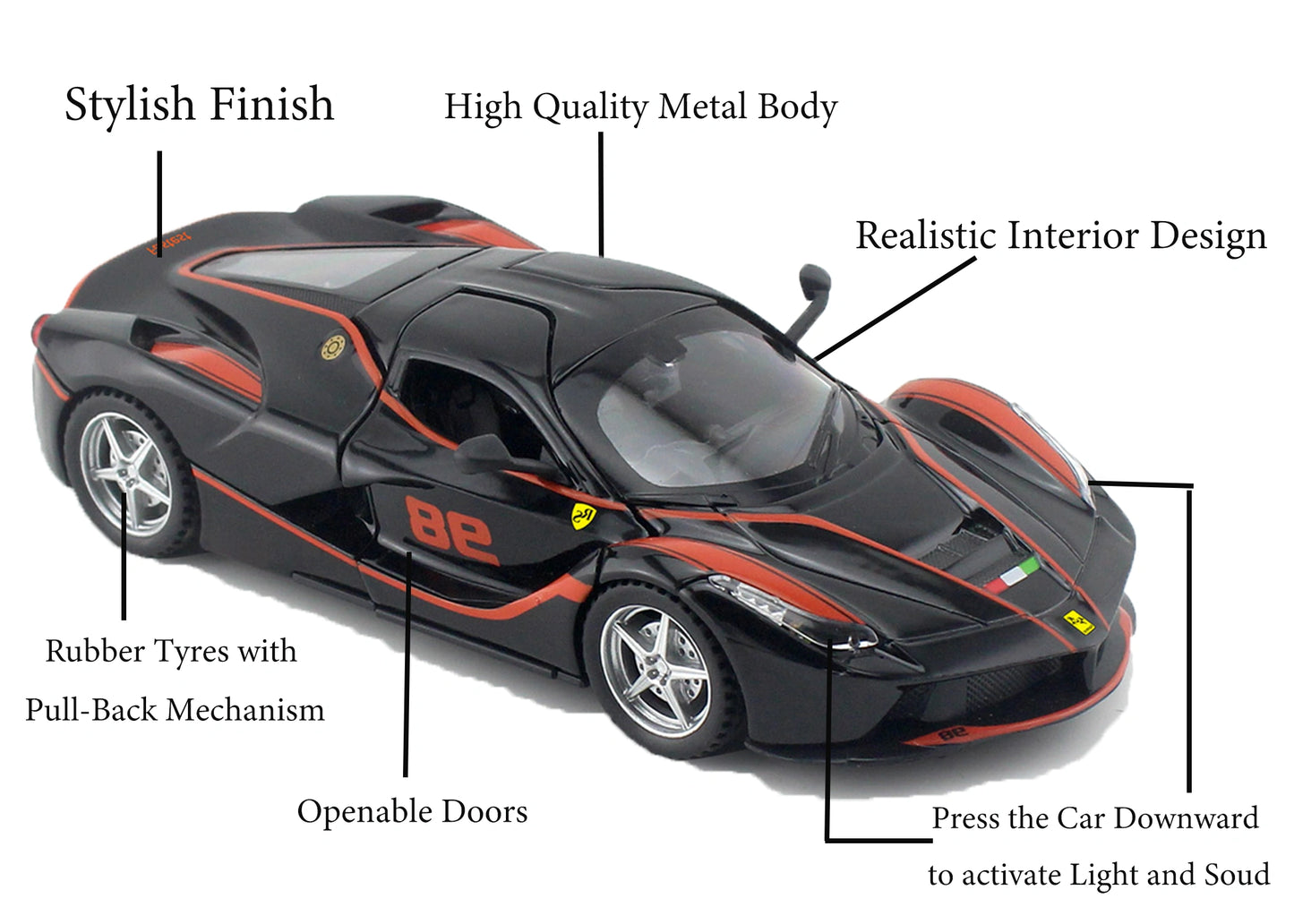Ferari FXXXK 1:32 Scale Diecast Pull Back Toy Car with Openable Doors, Lights & Engine Sound