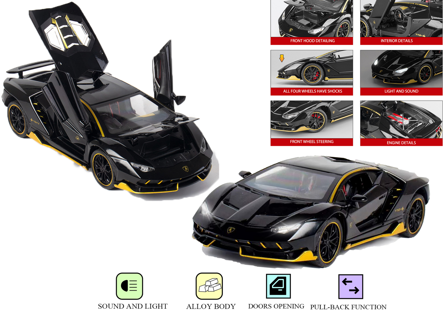 Lambo 1:24 Scale Die-cast Pull Back Toy Car with Lights, Music & Openable Doors