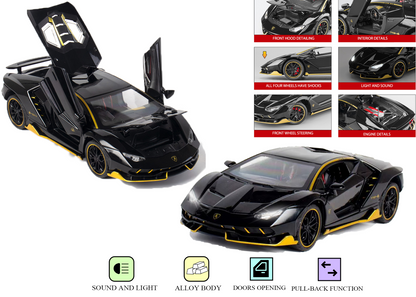 Lambo 1:24 Scale Die-cast Pull Back Toy Car with Lights, Music & Openable Doors