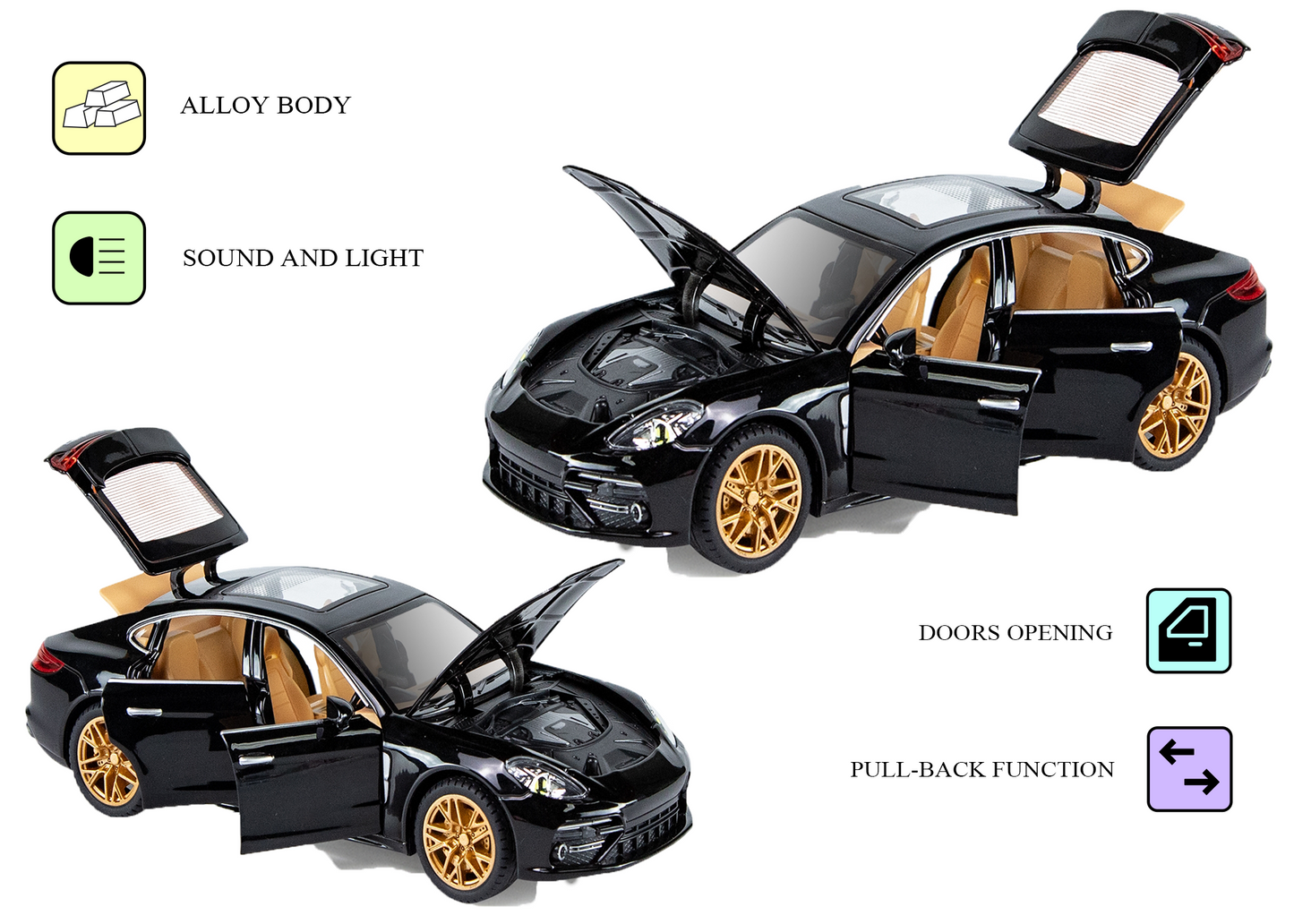 Porshe Panemera Metal Toy Car – 1:24 Die-Cast Pull-Back Model with Lights, Sound & Openable Doors