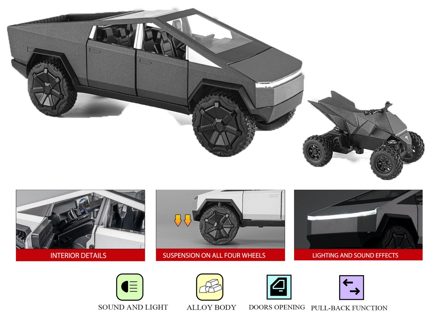 Teslaa Cyber Truck Pickup 1:24 Scale Diecast Car – Alloy Metal Toy with Pull-Back Action, Lights, Music & Openable Doors