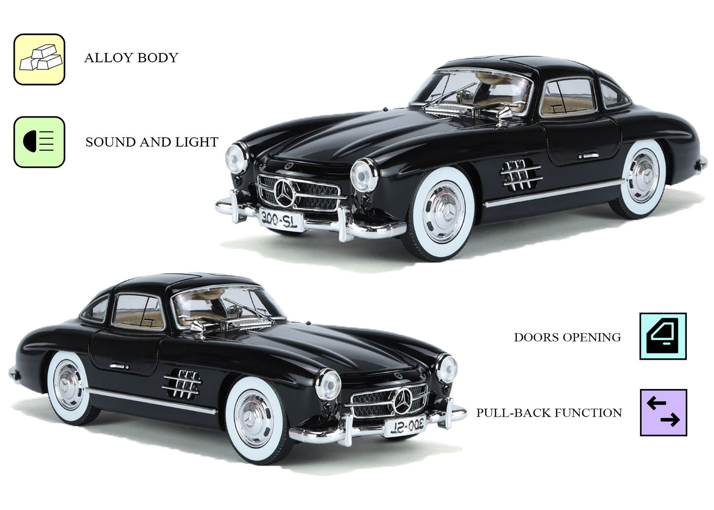 Mercediz-Benzz 300 SL Metal Toy Car – 1:24 Die-Cast Pull-Back Model with Lights, Sound & Openable Doors