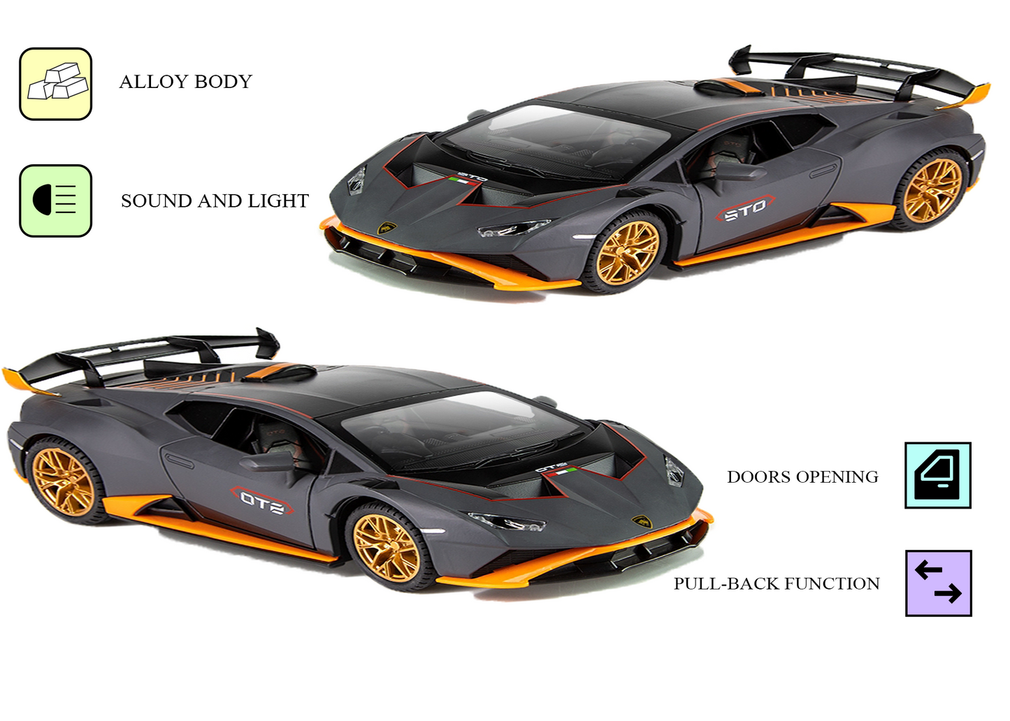 Lambo Hurracan STO Metal Toy Car – 1:24 Die-Cast Pull-Back Model with Openable Doors, Light and Sound