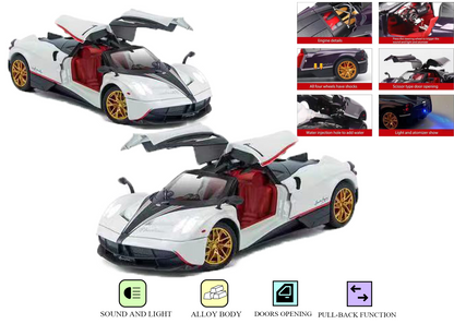 Paganii Huayraa BC 1:24 Scale Diecast Alloy Toy Car with Lights, Sound & Smoke – Pull Back Action, Openable Doors