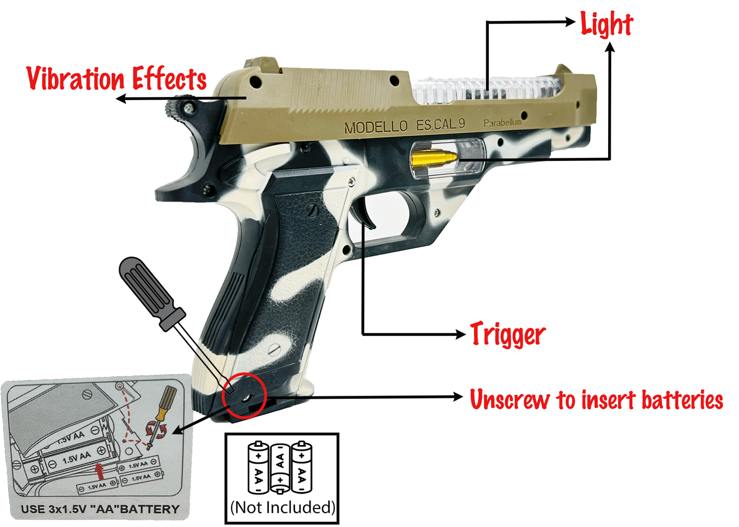 Pistol Gun for Kids with Light, Sound & Vibration – Army Style Musical Toy Gun