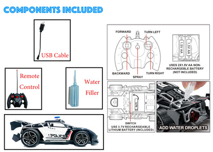 Remote Control Police Car Toy 1:16 Scale RC Car with Lights, Siren & Mist Spray