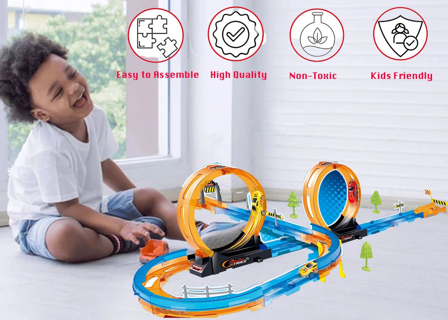 Race Car Track Set 28 PCS – Double Loop 360° Spinway Racing Toy for Kids