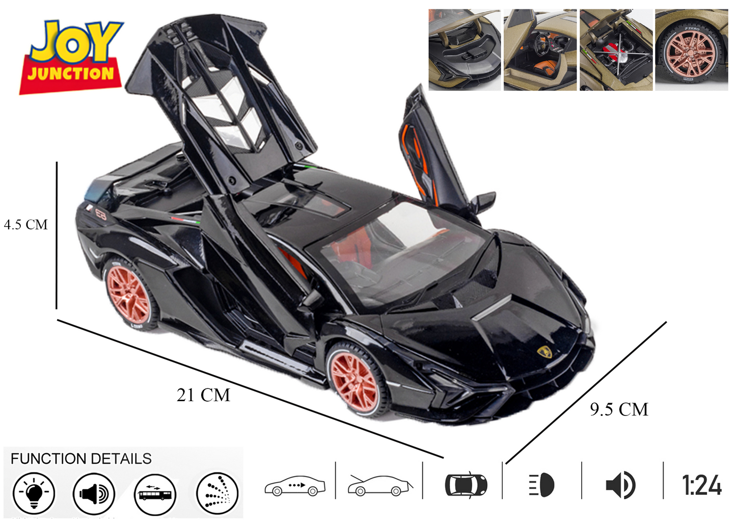 Lamborghini Lightning 1:24 Scale Alloy Metal Pull Back with Display Box, Openable Doors, Lisght, Sound & Water Spray
