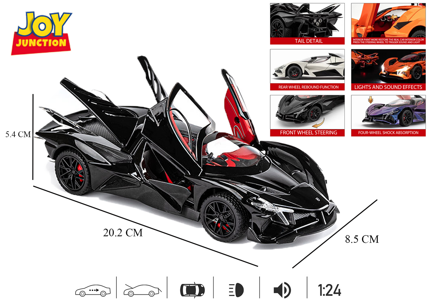 Apolloo EVO Metal Diecast Toy Car – 1:24 Scale Pull Back Model with Lights, Sound & Openable Doors
