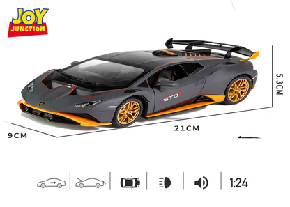 Lambo Hurracan STO Metal Toy Car – 1:24 Die-Cast Pull-Back Model with Openable Doors, Light and Sound