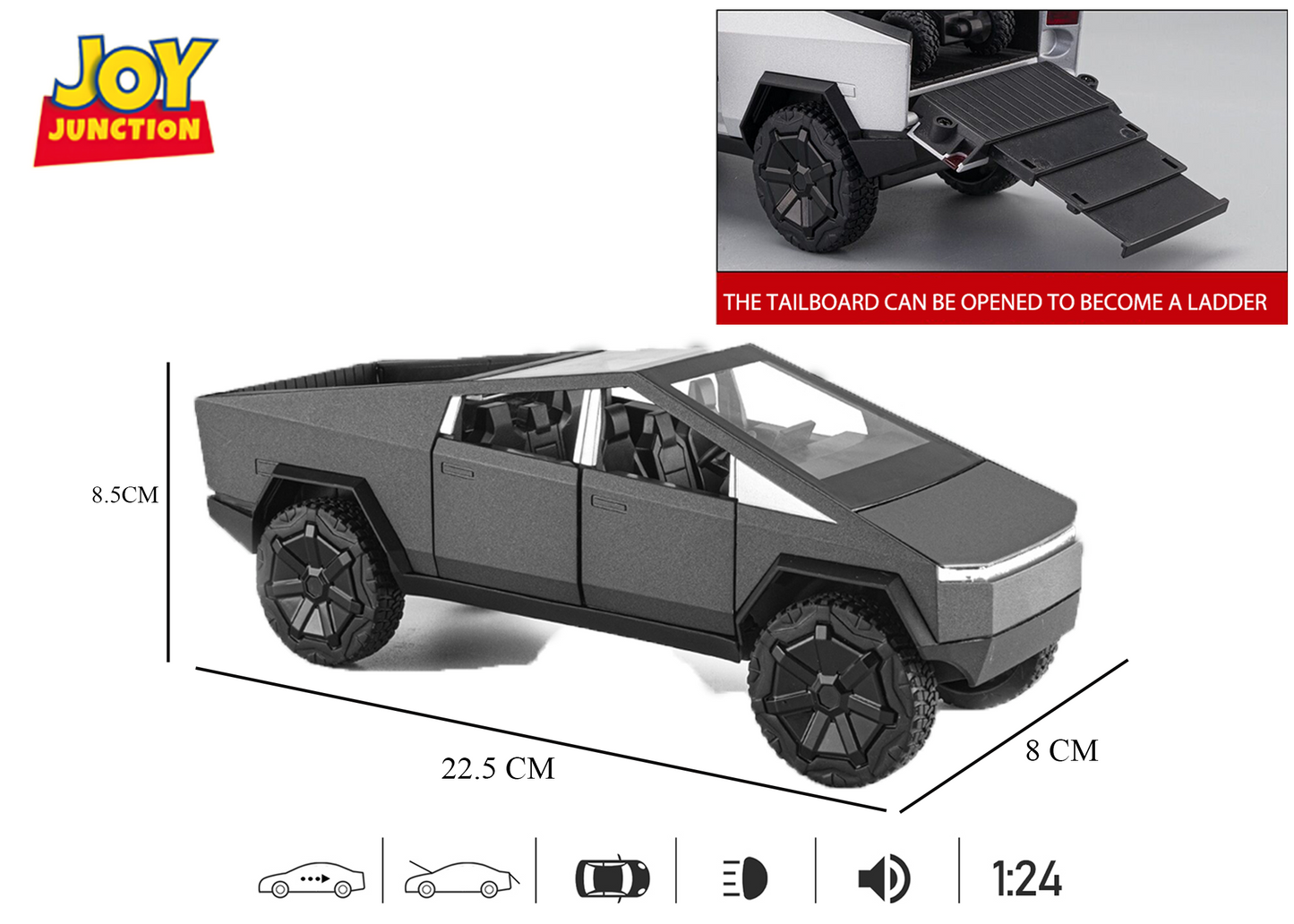 Teslaa Cyber Truck Pickup 1:24 Scale Diecast Car – Alloy Metal Toy with Pull-Back Action, Lights, Music & Openable Doors
