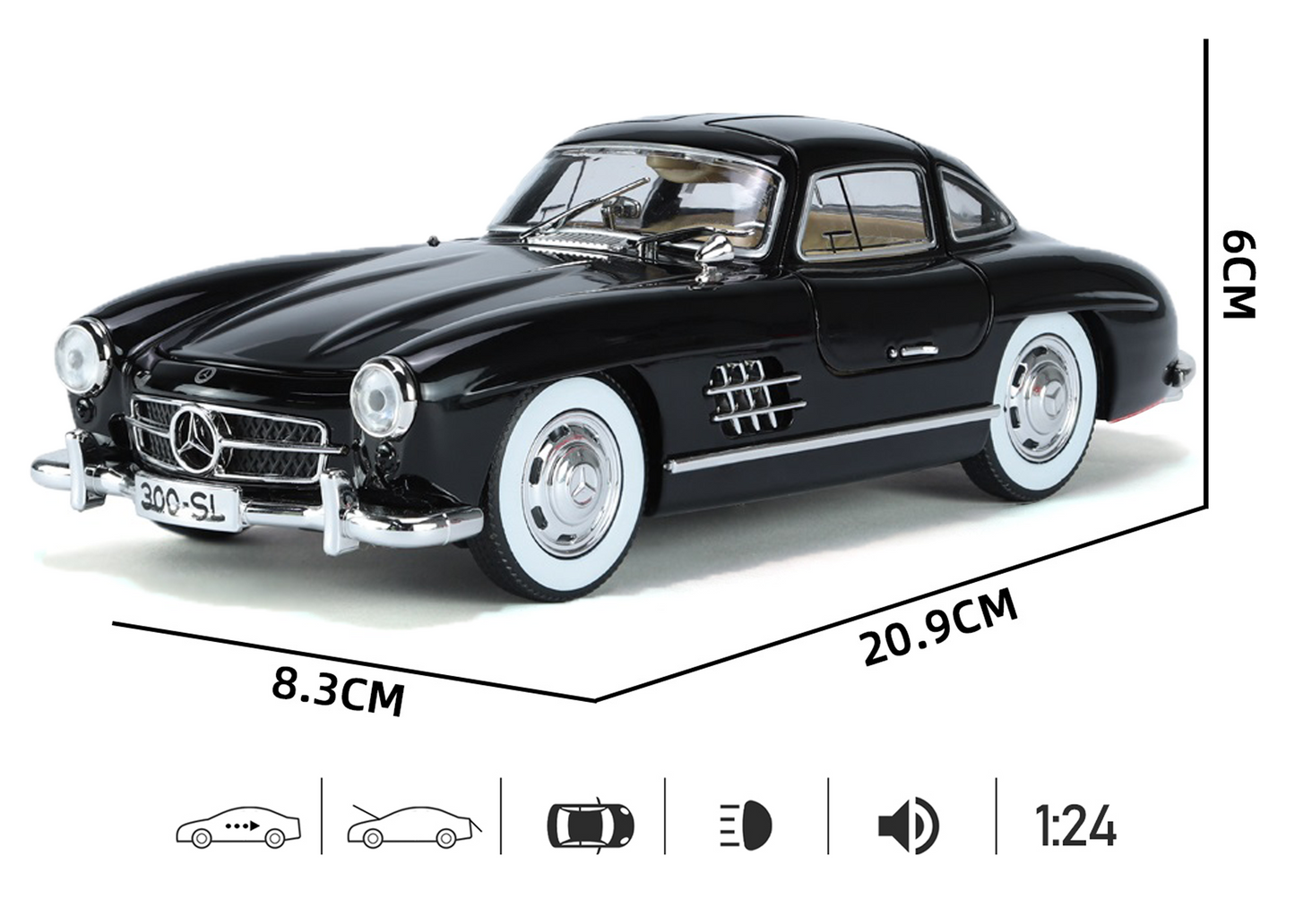 Mercediz-Benzz 300 SL Metal Toy Car – 1:24 Die-Cast Pull-Back Model with Lights, Sound & Openable Doors