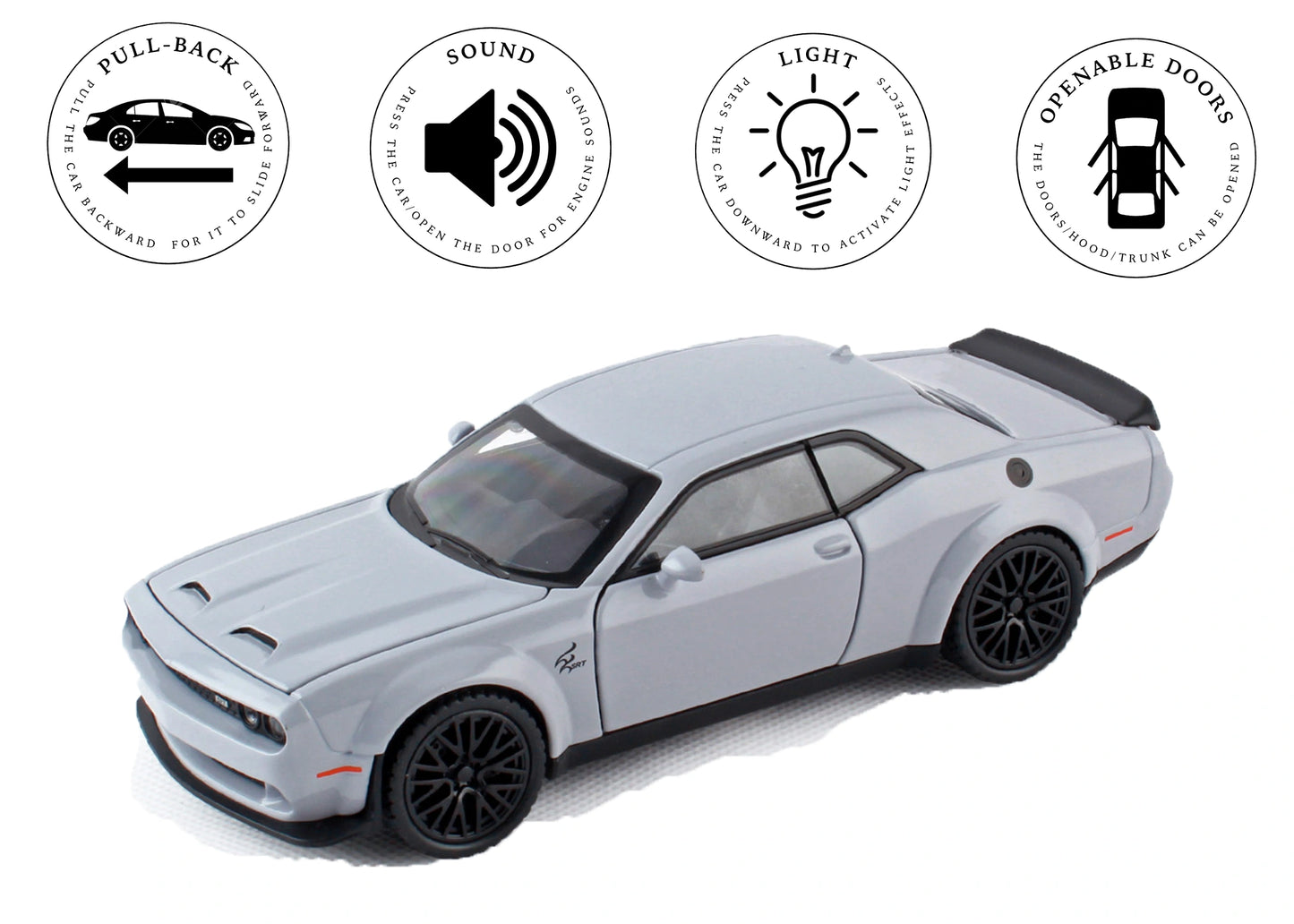 Dodgee Challengerr HellKat 1:32 Scale Diecast Pull Back Toy Car with Openable Doors, Lights & Engine Sound