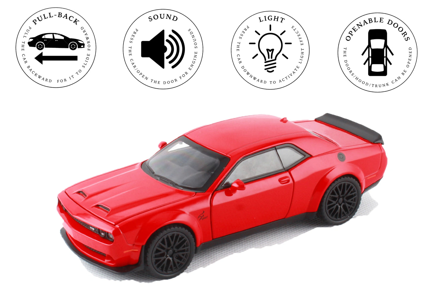 Dodgee Challengerr HellKat 1:32 Scale Diecast Pull Back Toy Car with Openable Doors, Lights & Engine Sound