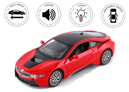 BMW I8 1:32 Scale Alloy Metal Pullback Toy car with Openable Doors Light Music