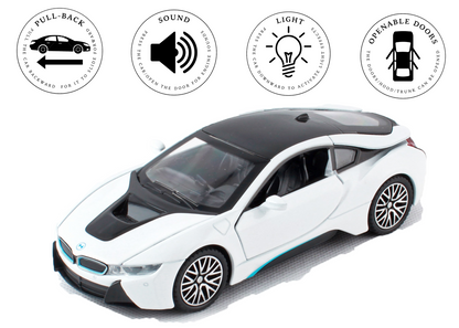 BMW I8 1:32 Scale Alloy Metal Pullback Toy car with Openable Doors Light Music