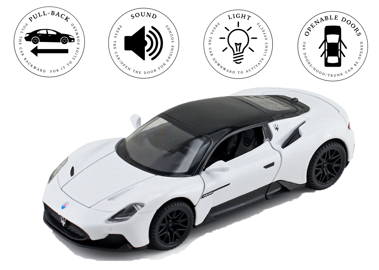 Mesarati MC20 1:32 Scale Alloy Metal Pull Back Toy car with Openable Doors Light Music