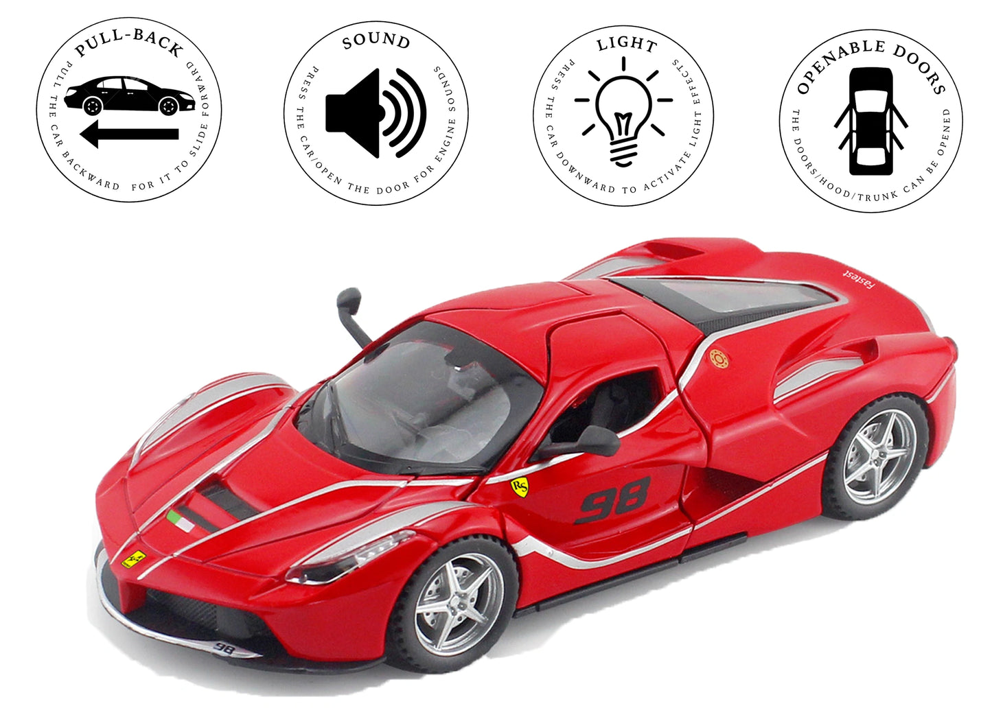 Ferari FXXXK 1:32 Scale Diecast Pull Back Toy Car with Openable Doors, Lights & Engine Sound