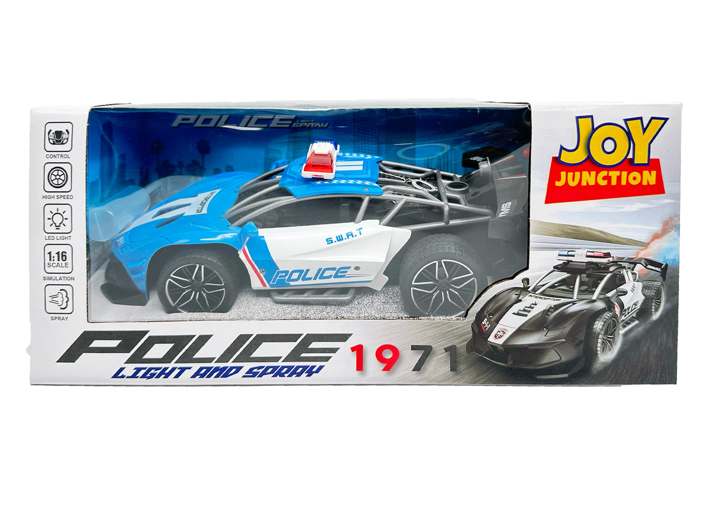 Remote Control Police Car Toy 1:16 Scale RC Car with Lights, Siren & Mist Spray