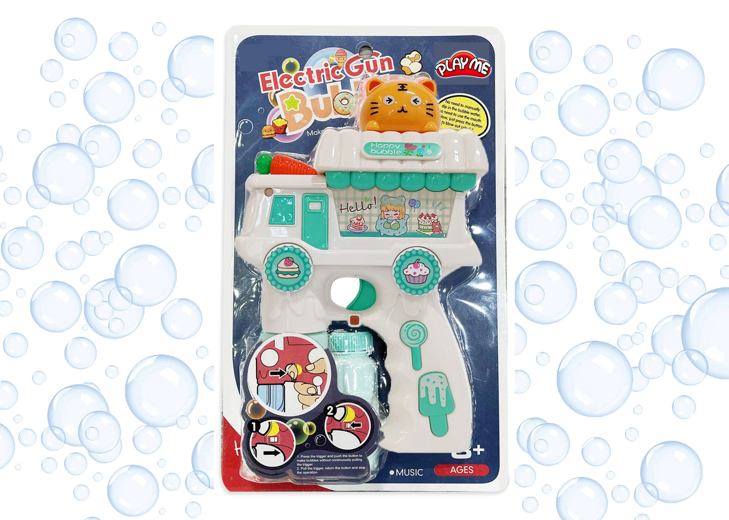 Electric Cat Bubble Gun Toy for Kids with Lights, Music & 2 Bubble Solution Bottles