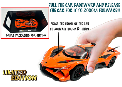 Apollo Limited Edition 1:32 Scale Metal Pull Back Toy car with Openable Doors, Light & Engine Sound