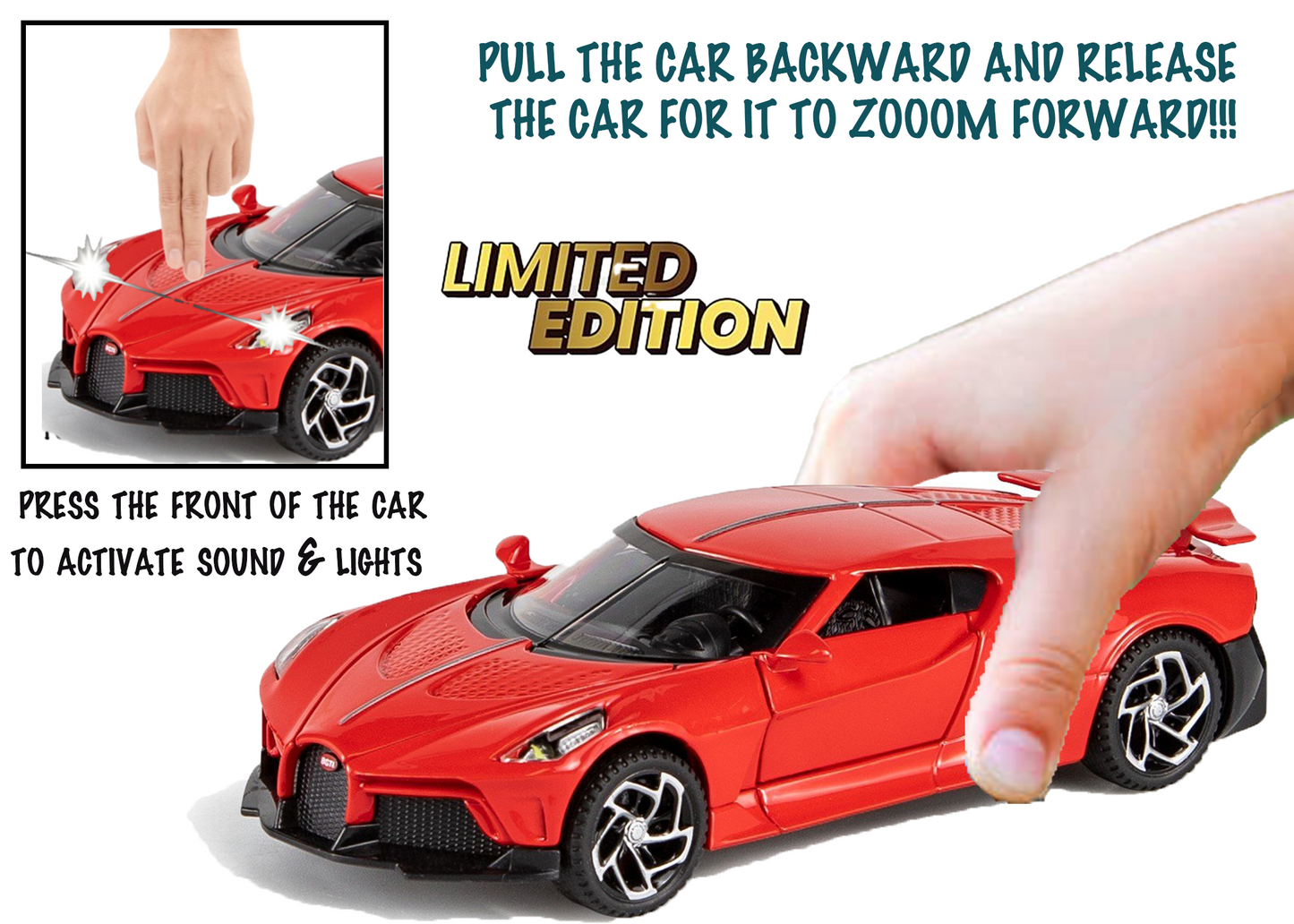 Bugatti Limited Edition 1:32 Scale Metal Pull Back Toy car with Openable Doors, Light & Engine Sound