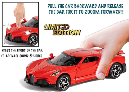 Bugatti Limited Edition 1:32 Scale Metal Pull Back Toy car with Openable Doors, Light & Engine Sound