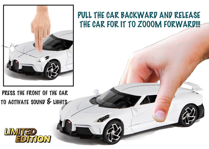 Bugatti Limited Edition 1:32 Scale Metal Pull Back Toy car with Openable Doors, Light & Engine Sound