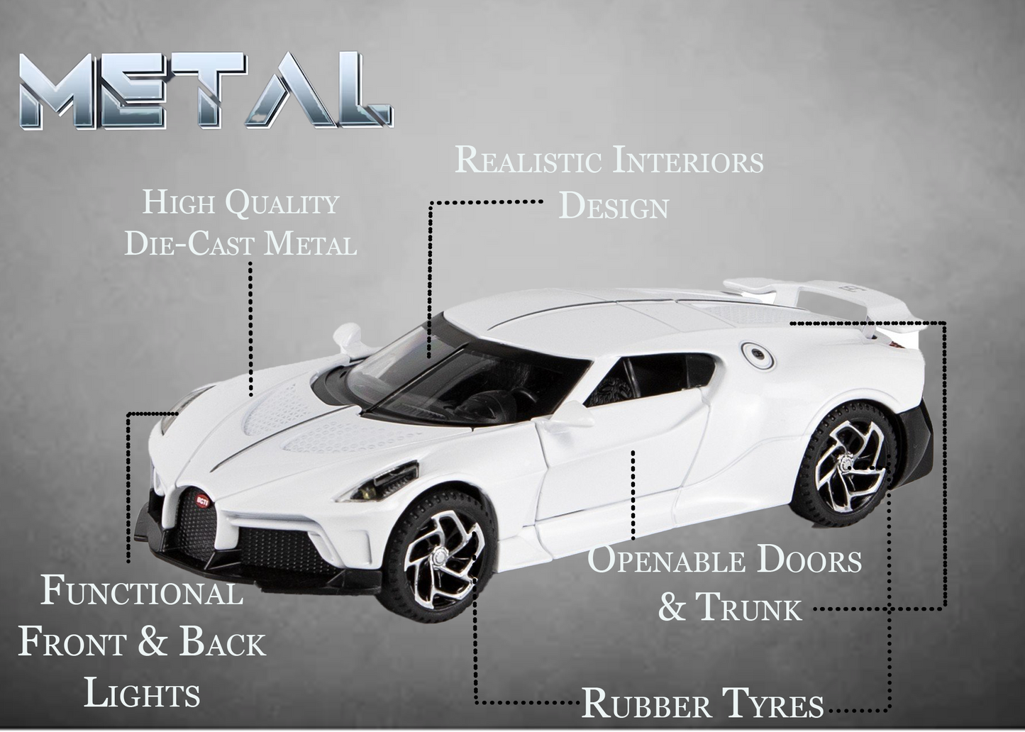 Bugatti Limited Edition 1:32 Scale Metal Pull Back Toy car with Openable Doors, Light & Engine Sound