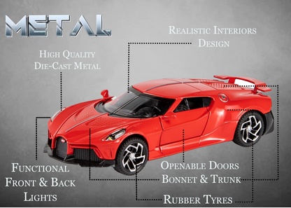 Bugatti Limited Edition 1:32 Scale Metal Pull Back Toy car with Openable Doors, Light & Engine Sound