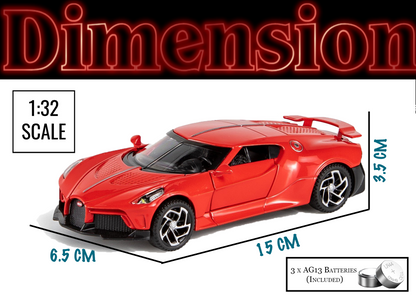 Bugatti Limited Edition 1:32 Scale Metal Pull Back Toy car with Openable Doors, Light & Engine Sound