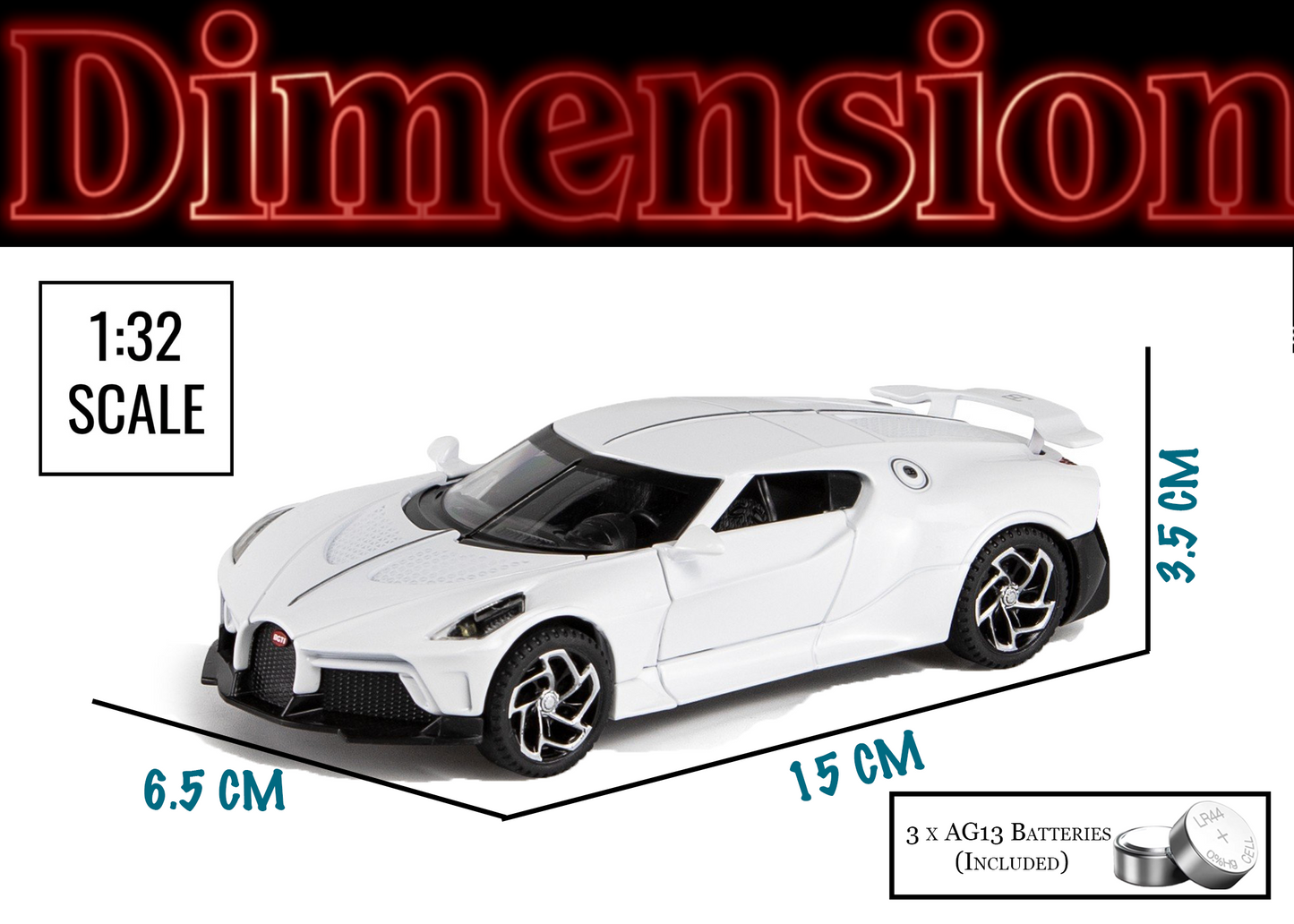 Bugatti Limited Edition 1:32 Scale Metal Pull Back Toy car with Openable Doors, Light & Engine Sound