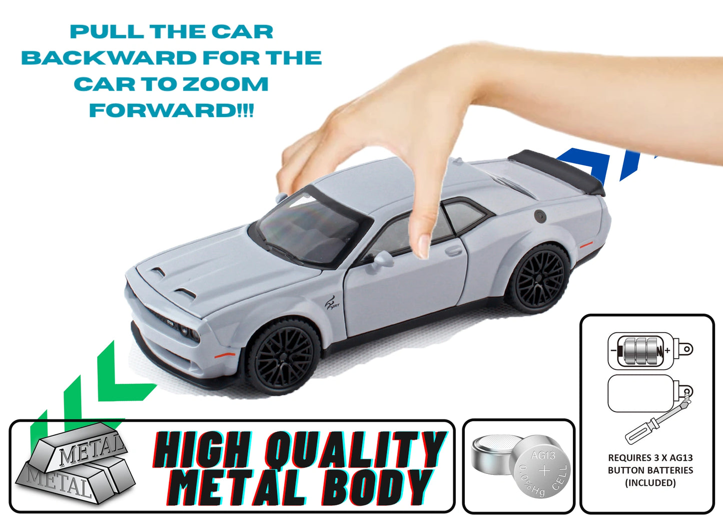 Dodgee Challengerr HellKat 1:32 Scale Diecast Pull Back Toy Car with Openable Doors, Lights & Engine Sound