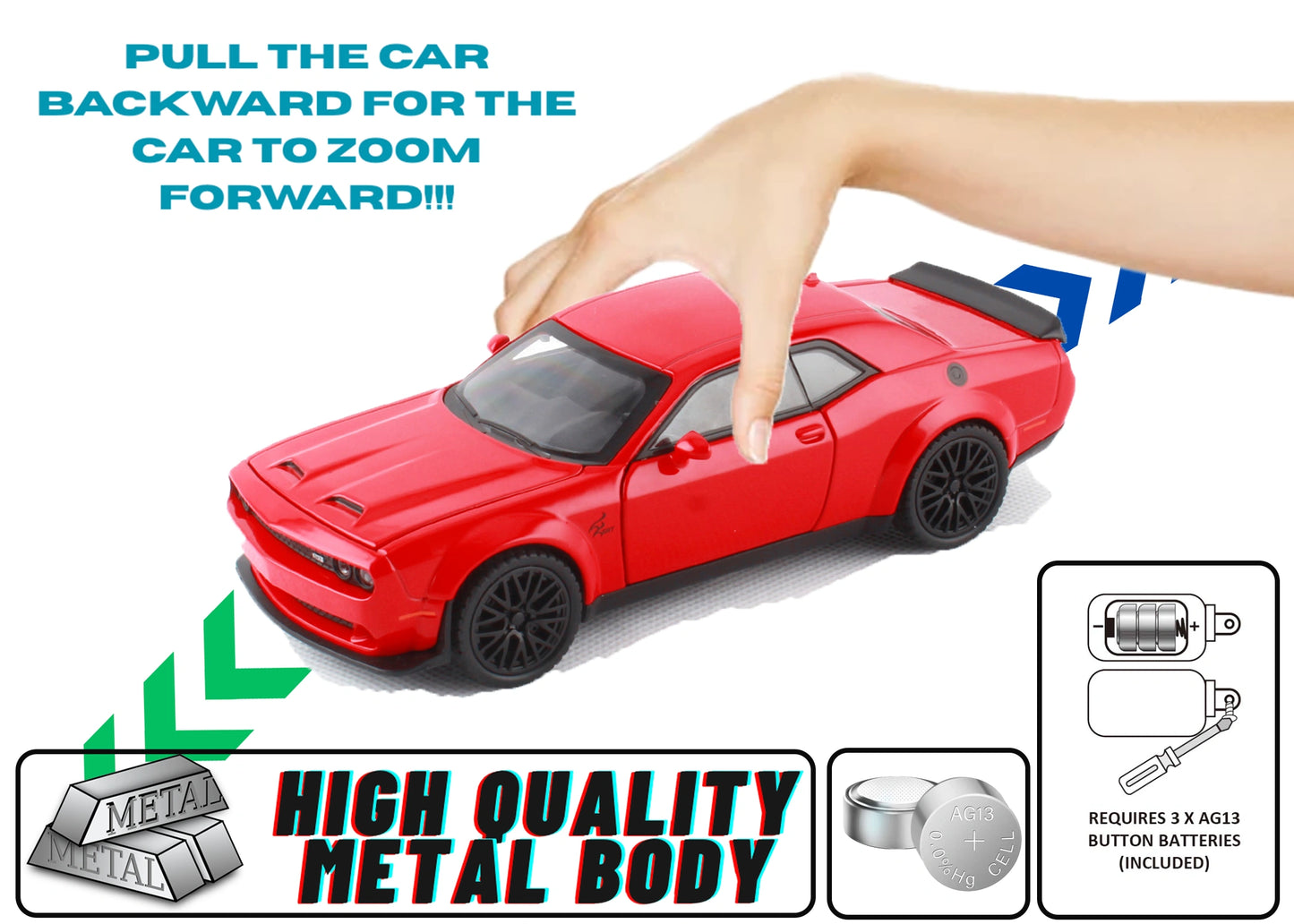 Dodgee Challengerr HellKat 1:32 Scale Diecast Pull Back Toy Car with Openable Doors, Lights & Engine Sound